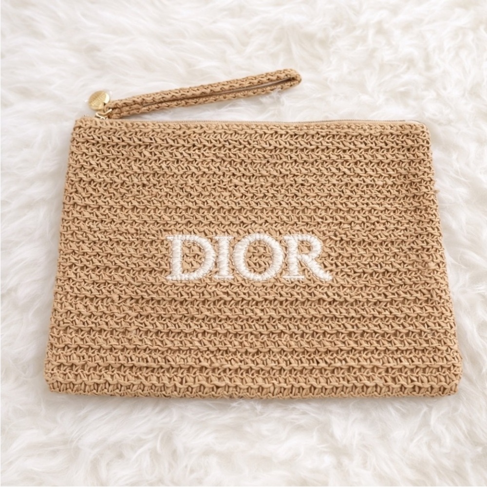 Dior Beauty Natural Straw Oatmill Zip Wristlet Pouch with Gold Hardware New